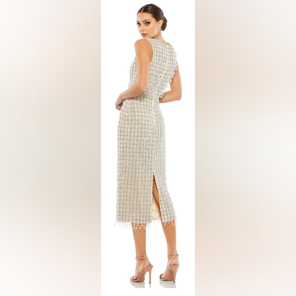 MAC DUGGAL NUDE SLEEVELESS HIGH NECK BEADED MIDI SHEATH DRESS 8 NWOT - Picture 4 of 13